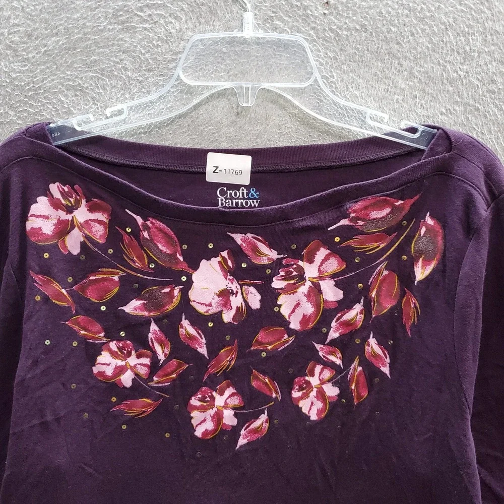 Croft & Barrow Women Top 2XL Purple Floral T-Shirt Boat Neck 3/4 Sleeve Sequin - Picture 6 of 6
